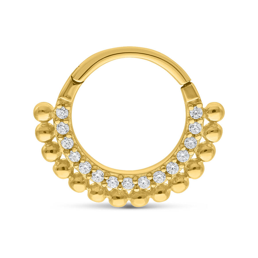 Clicker dorado de 14K Gold con pequeños cristales sobre fondo blanco