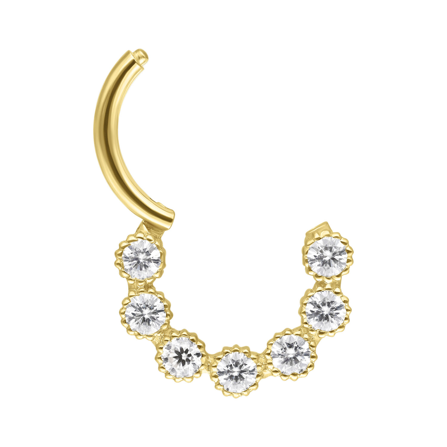 Anillo de septum dorado con seis cristales de moissanita sobre fondo blanco