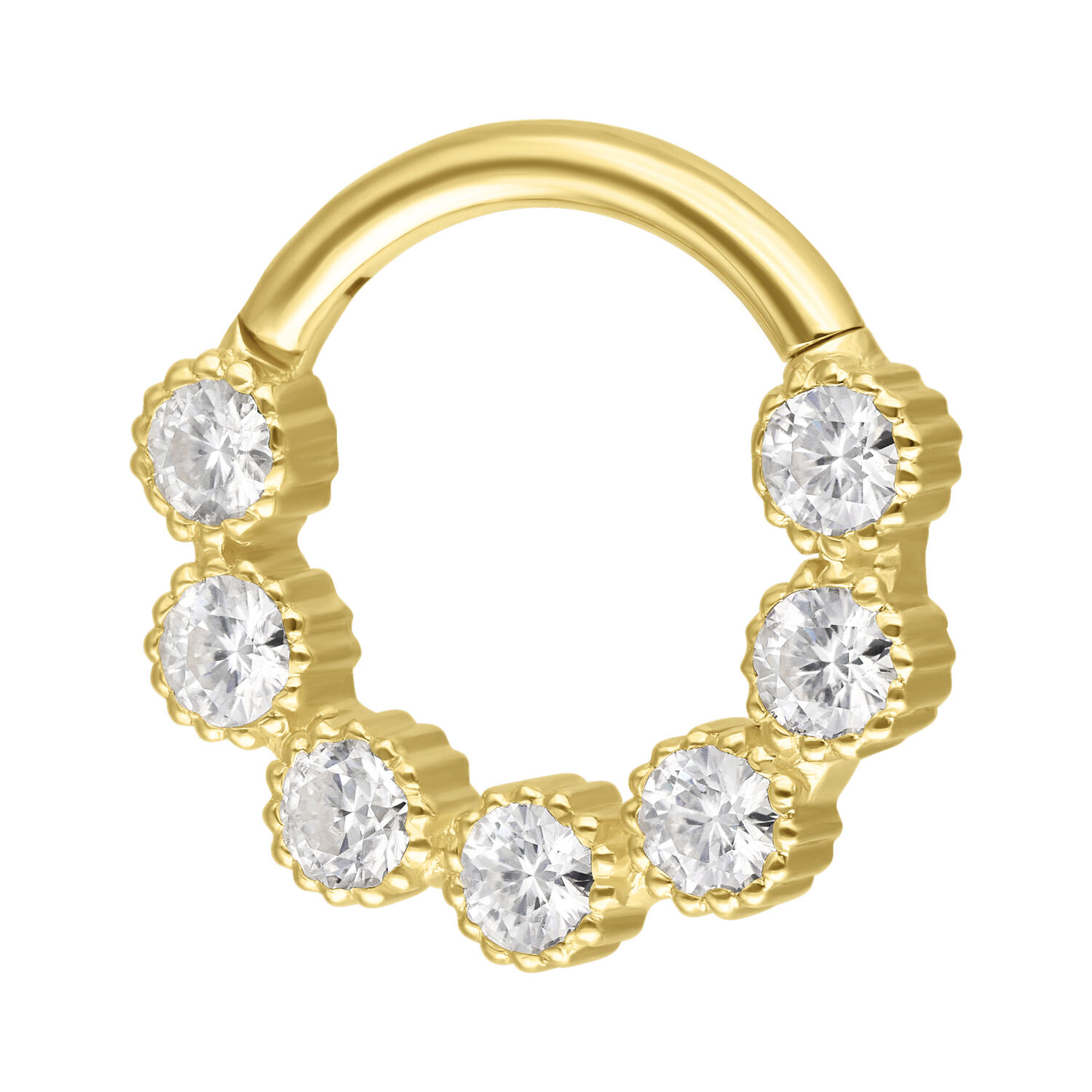 Anillo de piercing dorado con siete piedras de moissanita brillantes sobre fondo blanco