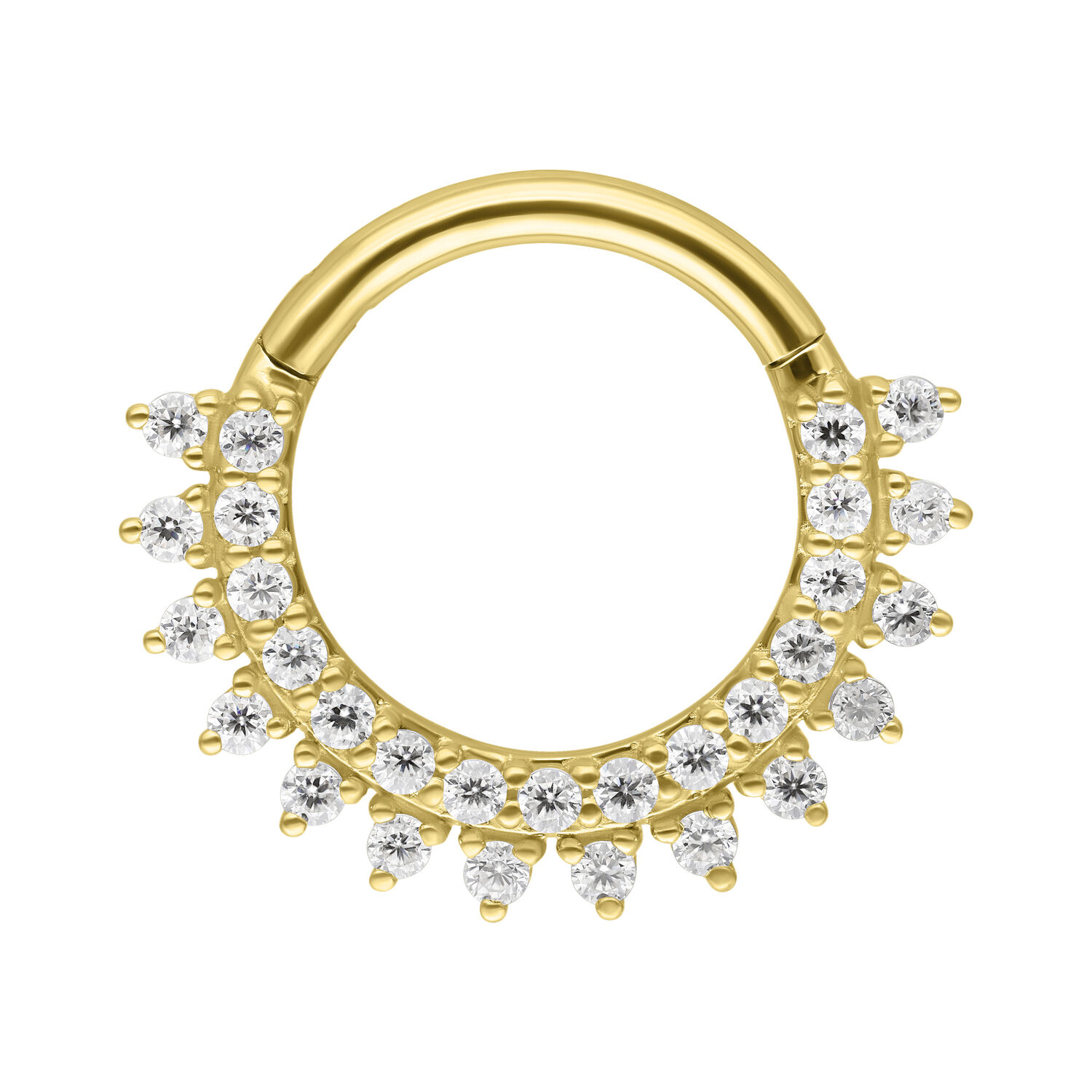 Aro de septum dorado con piedras de Moissanita sobre fondo blanco