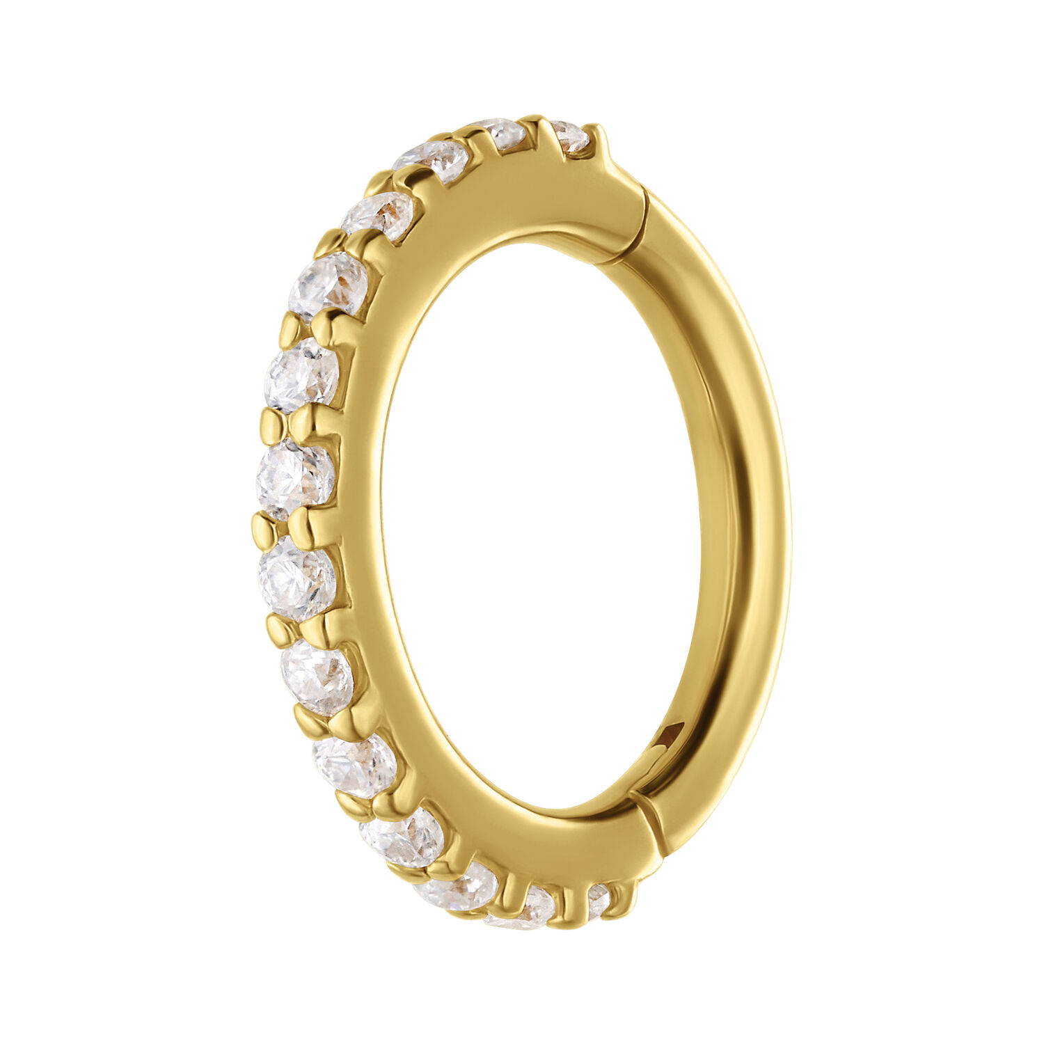 Aro dorado con bisagra y cristales de Moissanita sobre fondo blanco