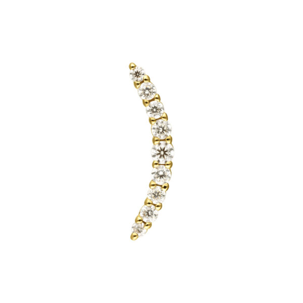 Aro de arco de oro con cristales claros de Moissanite sobre fondo blanco