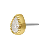 Accesorio Push-Fit dorado con cristal Moissanite claro en forma de gota sobre fondo blanco