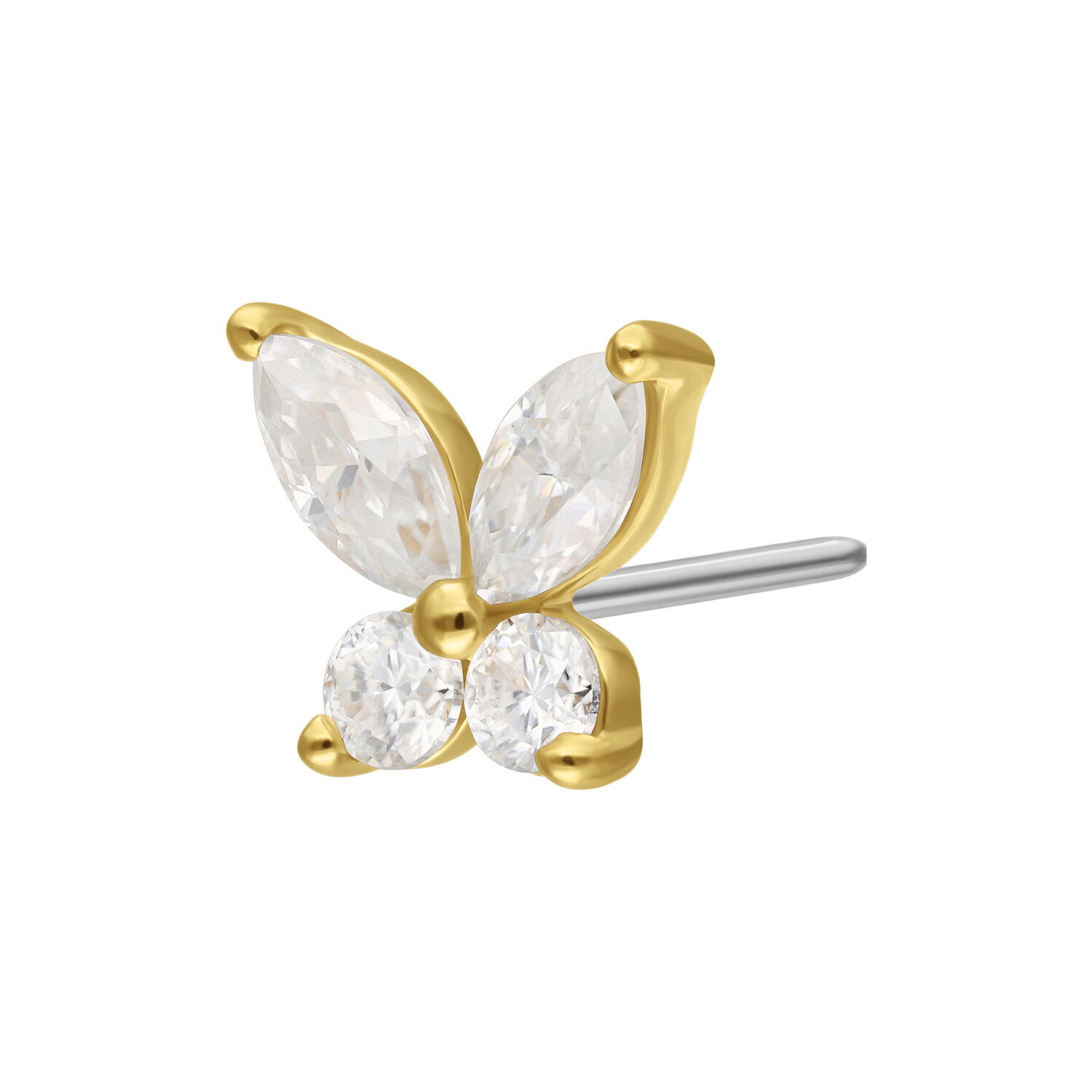 Colgante de Mariposa de Moissanita en Oro 14K Colgante de mariposa dorado con cristales claros de Moissanita sobre fondo blanco