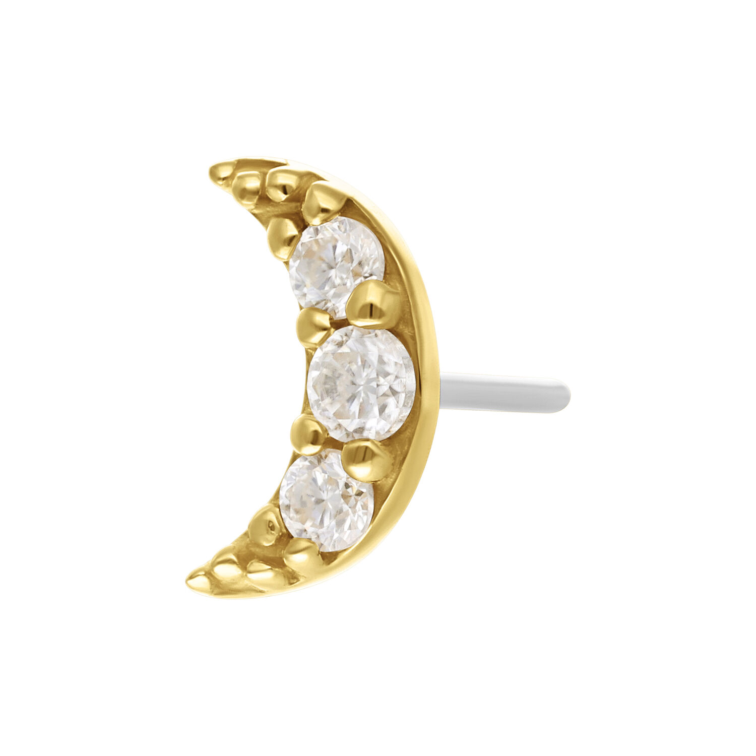 Aro de media luna de oro con piedras claras de Moissanite sobre fondo blanco