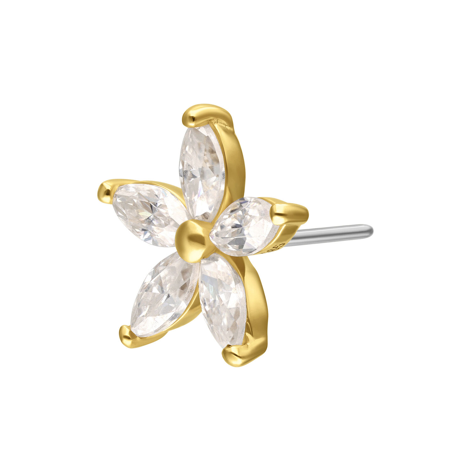 Aro de flor de oro con piedras claras de Moissanite sobre fondo blanco
