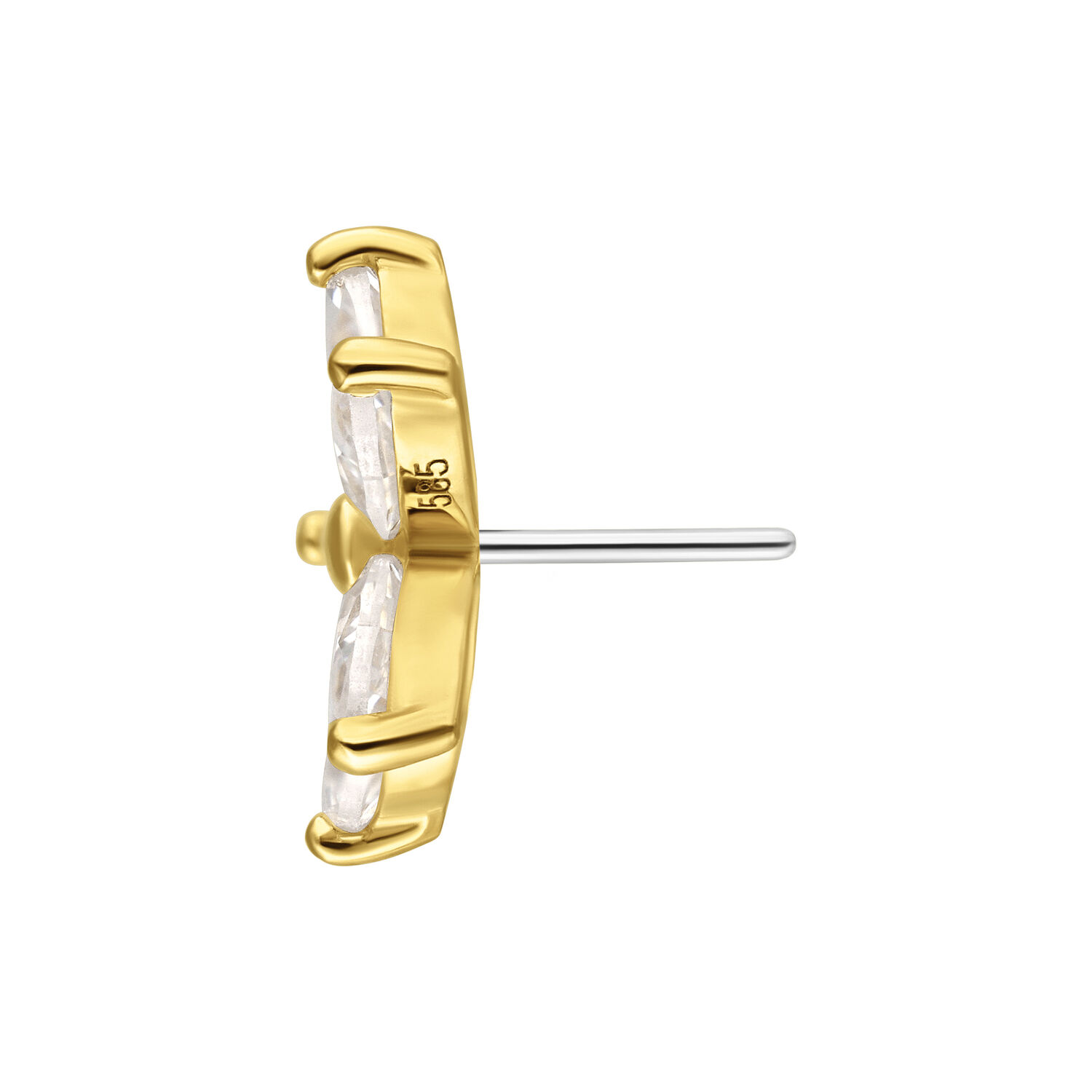 Vista lateral de aro de flor de oro con cristales claros sobre fondo blanco