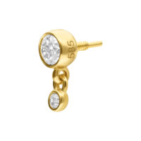 Accesorio de oro con dos cristales claros sobre fondo blanco