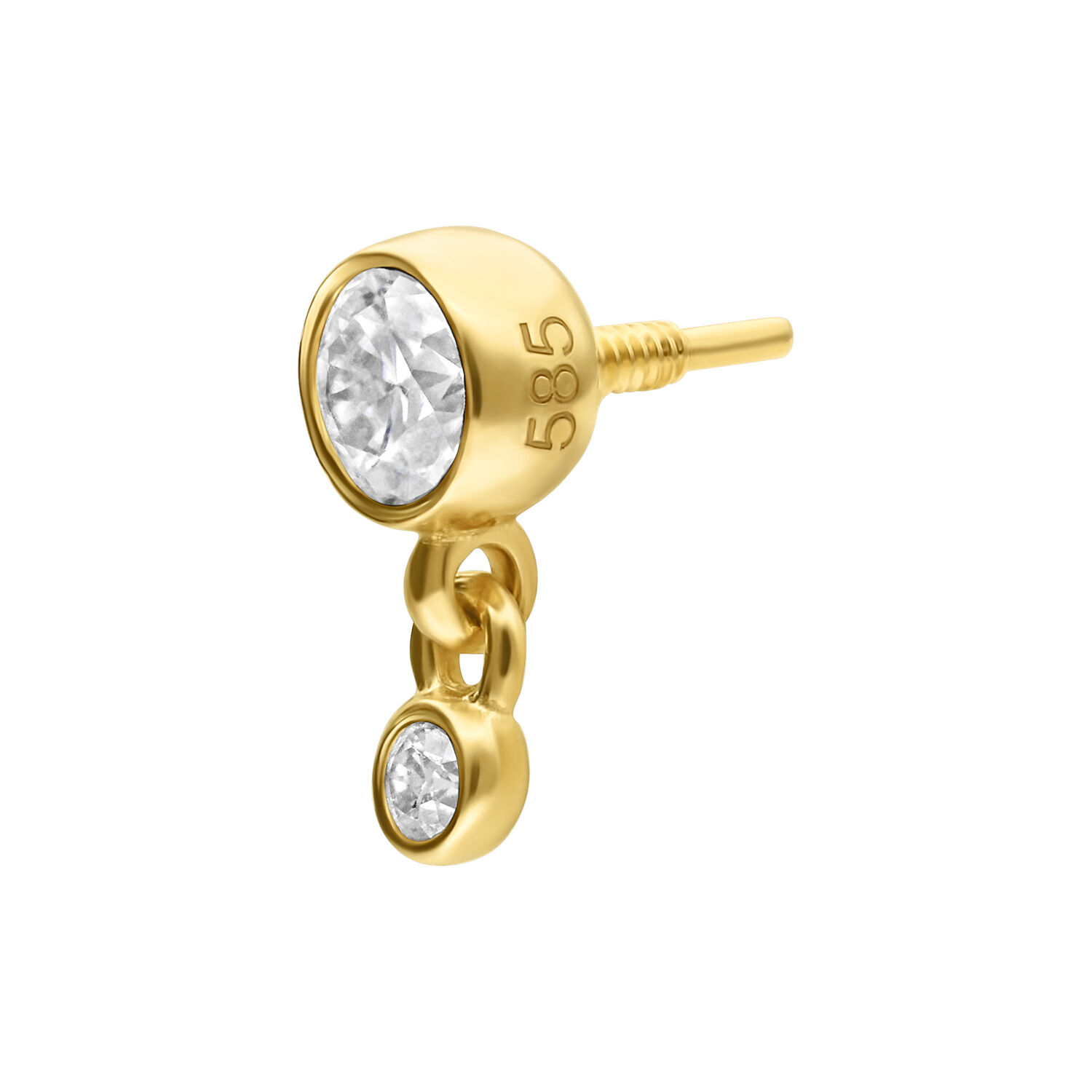 Accesorio de oro con dos cristales claros sobre fondo blanco