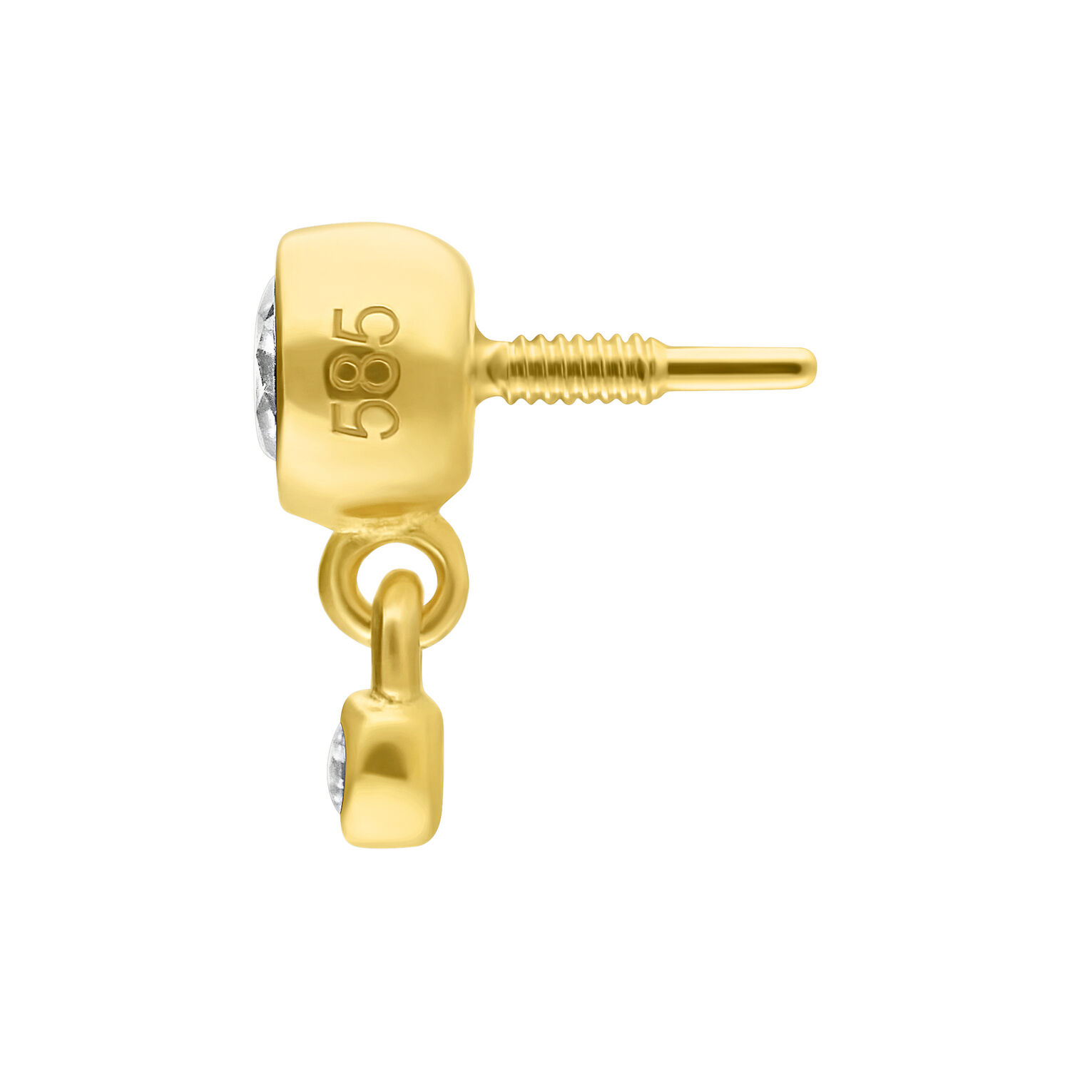 Accesorio de piercing de oro con doble cristal sobre fondo blanco