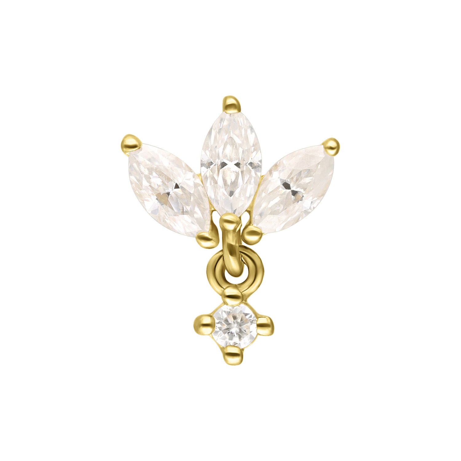 Colgante Lotus de Moissanita en Oro 14K Colgante Lotus dorado con tres brillantes piedras de Moissanita sobre fondo blanco