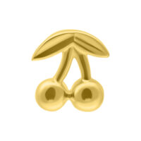 Accesorio Cherry dorado con dos cerezas y hojas sobre fondo blanco