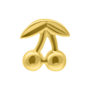 Accesorio Cherry dorado con dos cerezas y hojas sobre fondo blanco