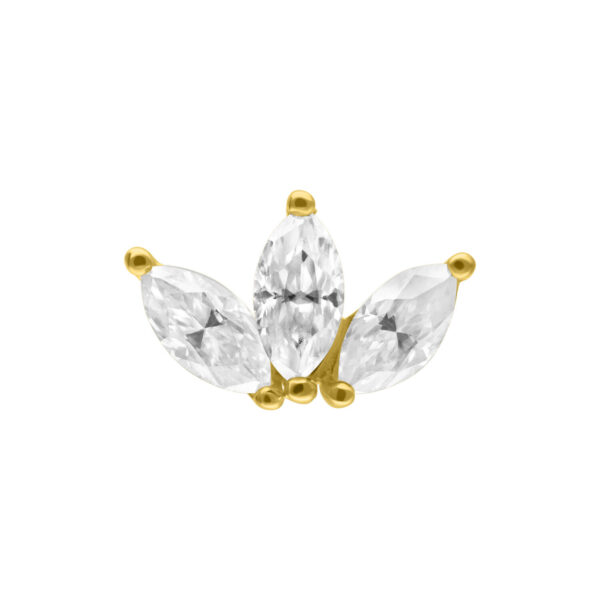 Accesorio Flor de Lotus dorado con tres cristales brillantes sobre fondo blanco