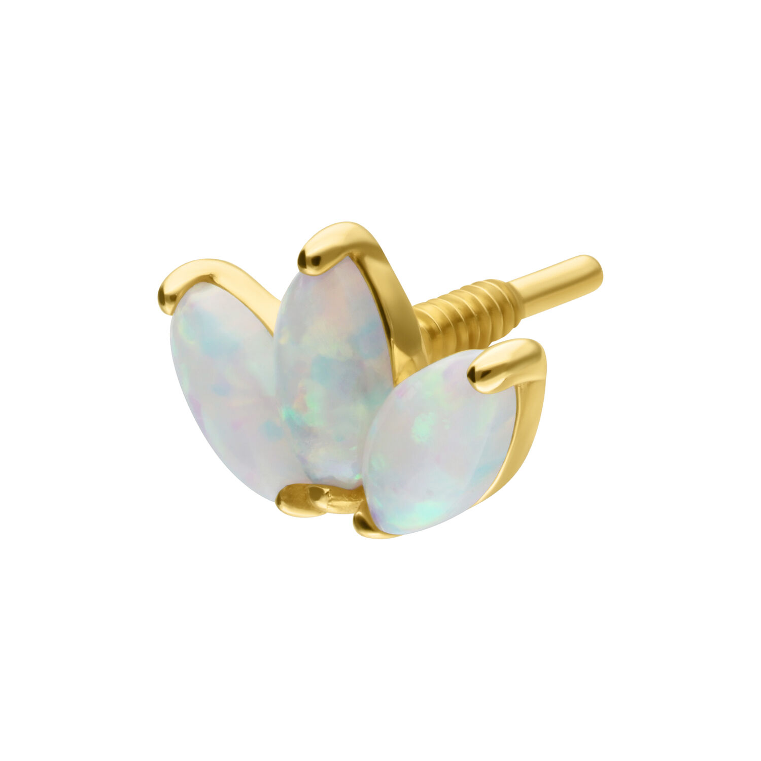 14K Gold Lotus Accesorio con Opalo Accesorio Lotus dorado con ópalo sintético sobre fondo blanco
