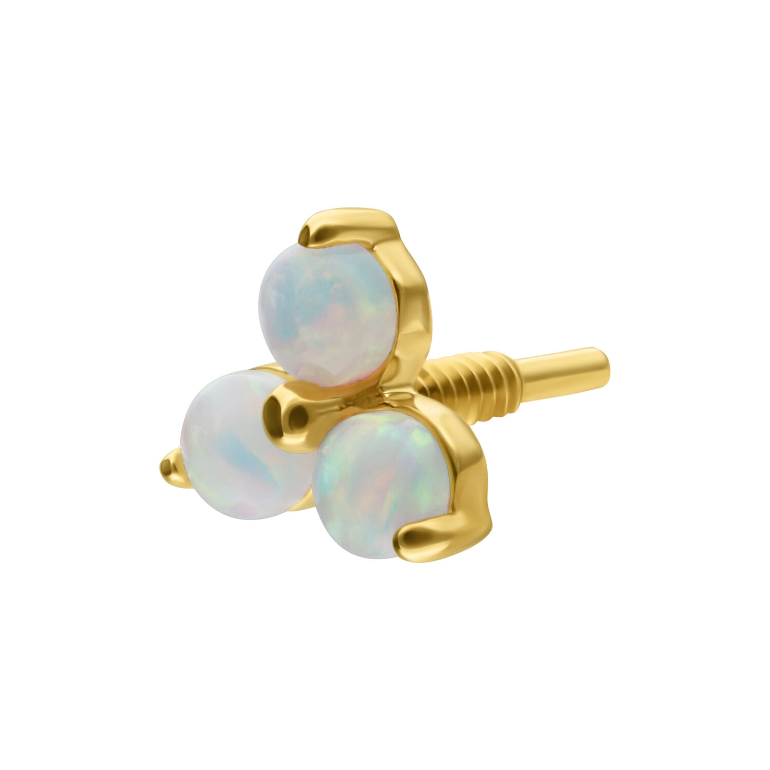 Aro de oro con tres opales sintéticos sobre fondo blanco