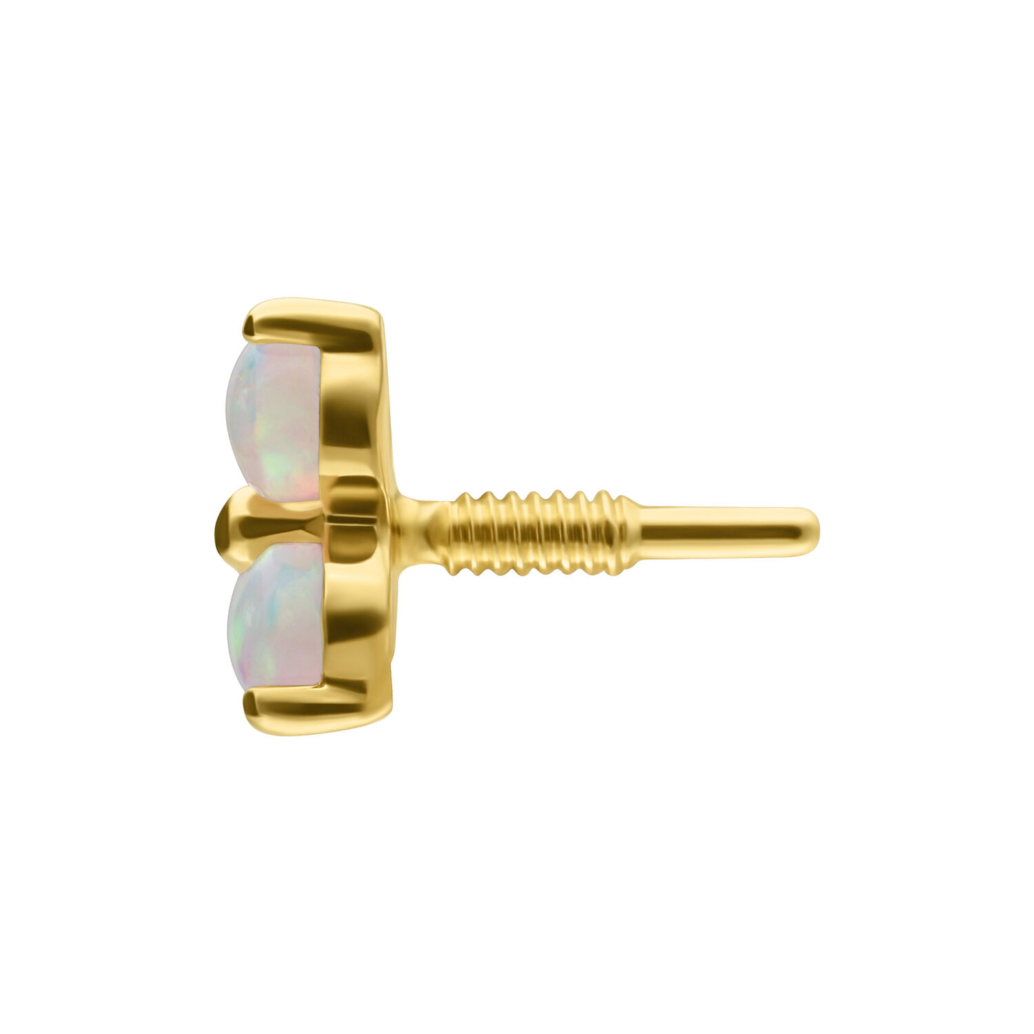 Aro de 14K Gold con tres opales sintéticos sobre fondo blanco