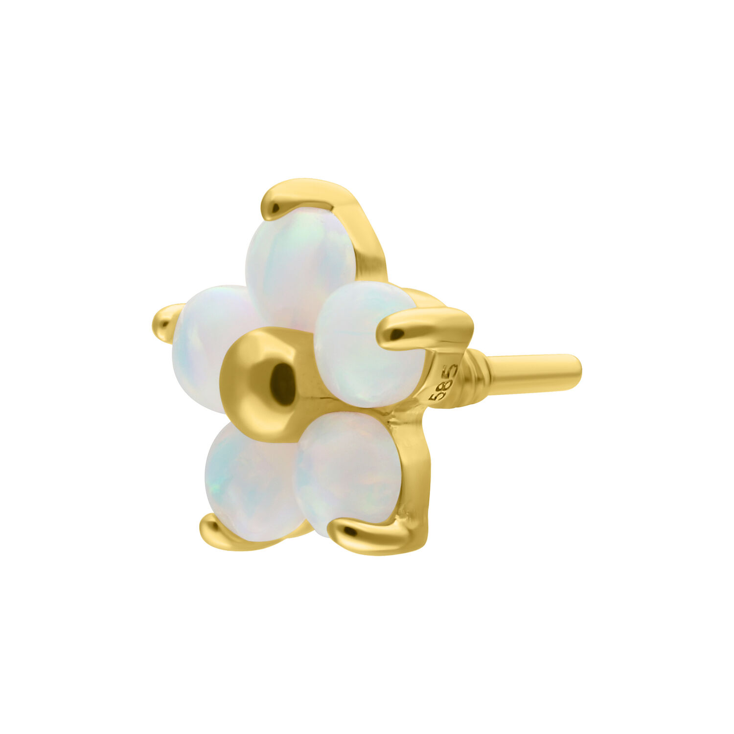 Accesorio de Flor de Oro 14K con Ópalo Accesorio de flor de oro con ópalo sintético sobre fondo blanco