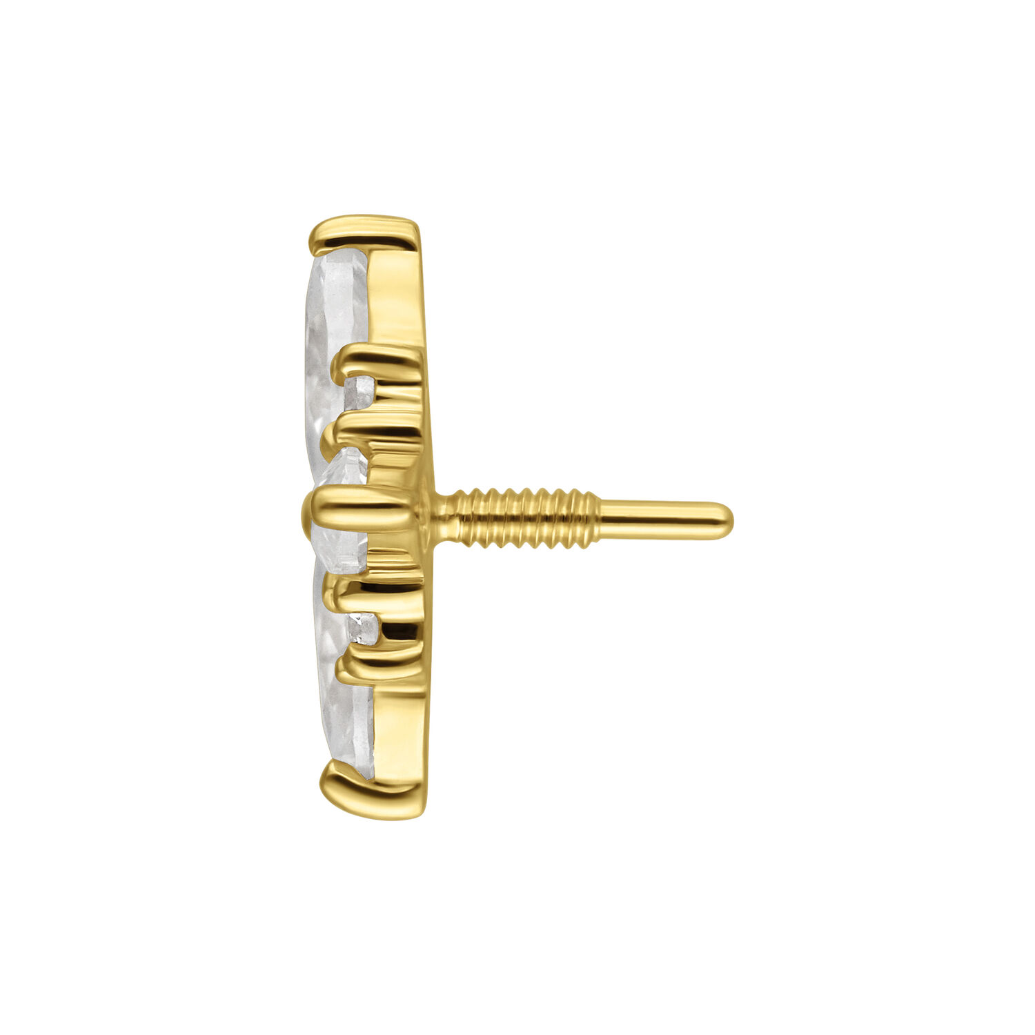 Vista lateral de aro de oro con Moissanite y rosca interna sobre fondo blanco