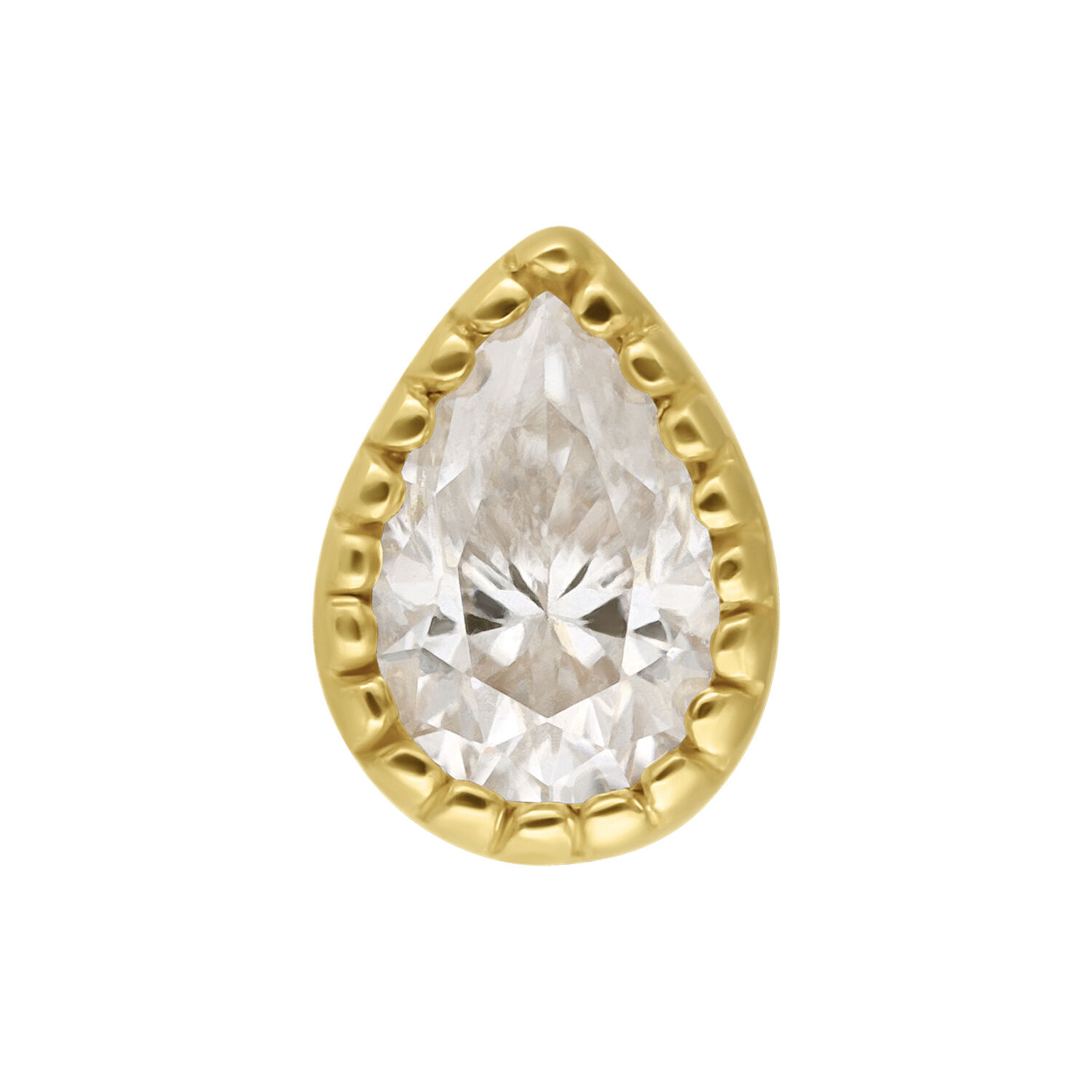 Cristal de Moissanite en forma de gota montado en 14K Gold sobre fondo blanco