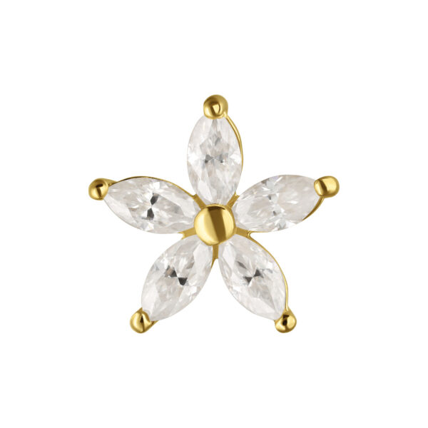 Aro de flor de oro con piedras de Moissanite claras sobre fondo blanco