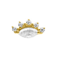 Aro de 14K Gold con Moissanite y diseño de corona Aro de 14K Gold con piedras de Moissanite sobre fondo blanco
