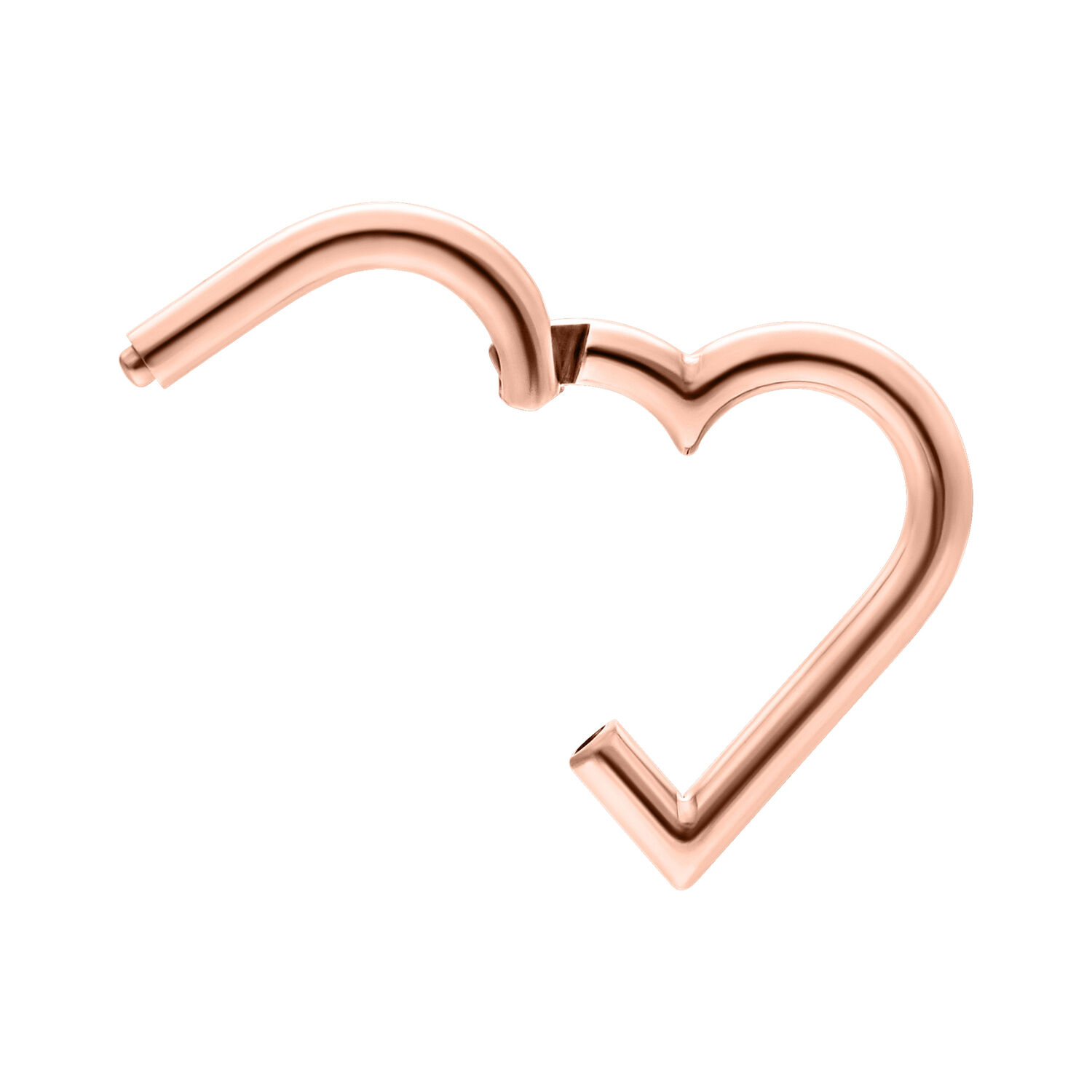 Clicker de corazón en oro rosa para piercings Daith Clicker de piercing en forma de corazón en oro rosa sobre fondo blanco