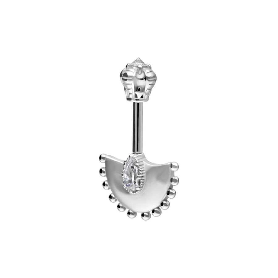 Barra Helix vertical de plata con cristal claro sobre fondo blanco