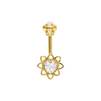 Piercing de barra dorada con cristal en forma de corazón y flor sobre fondo blanco