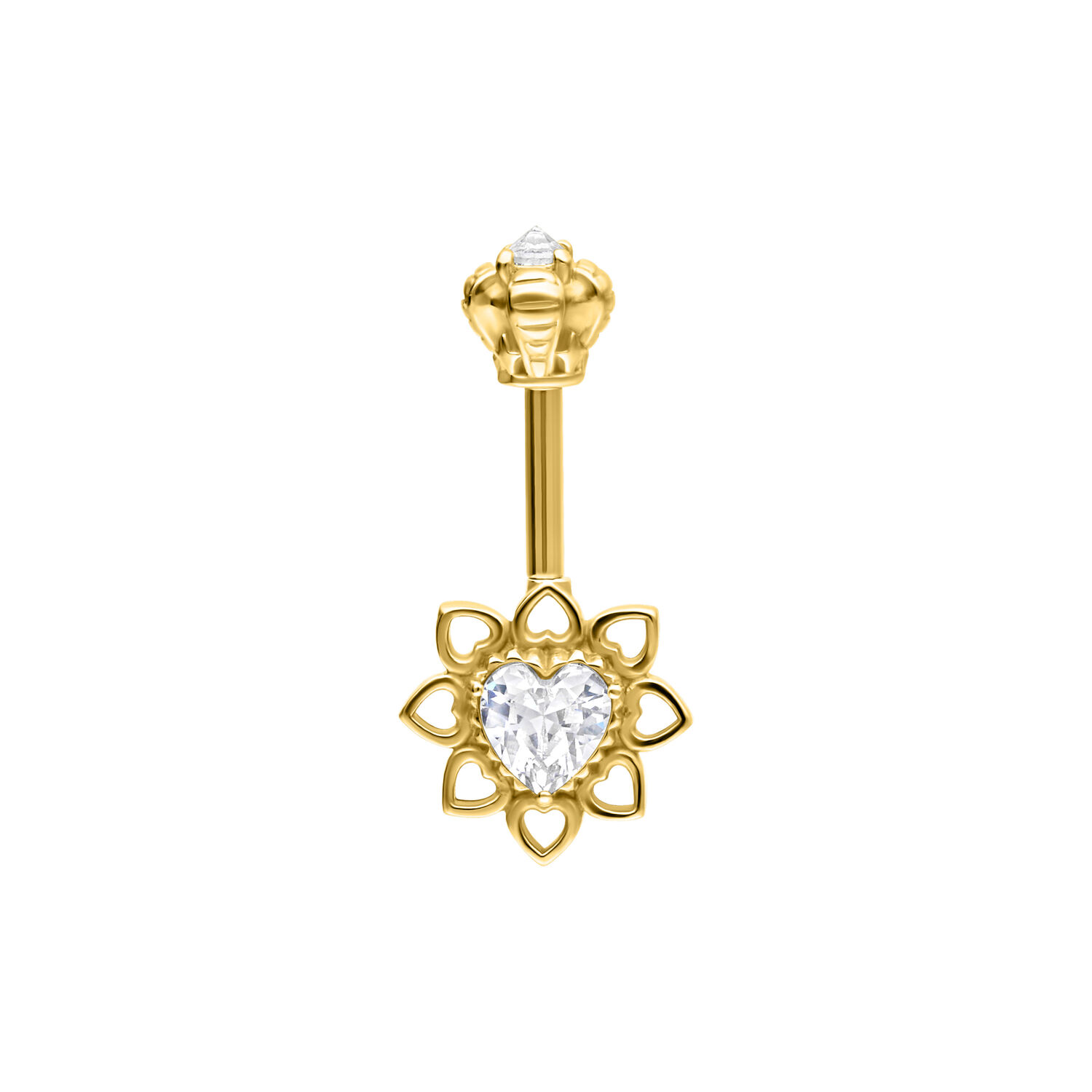 Piercing de barra dorada con cristal en forma de corazón y flor sobre fondo blanco
