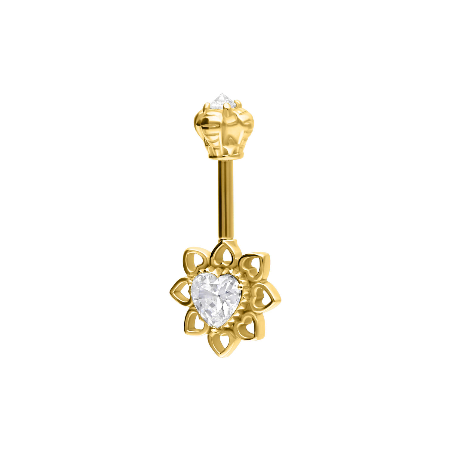 Piercing Vertical Helix dorado con adorno de flor cristalina sobre fondo blanco