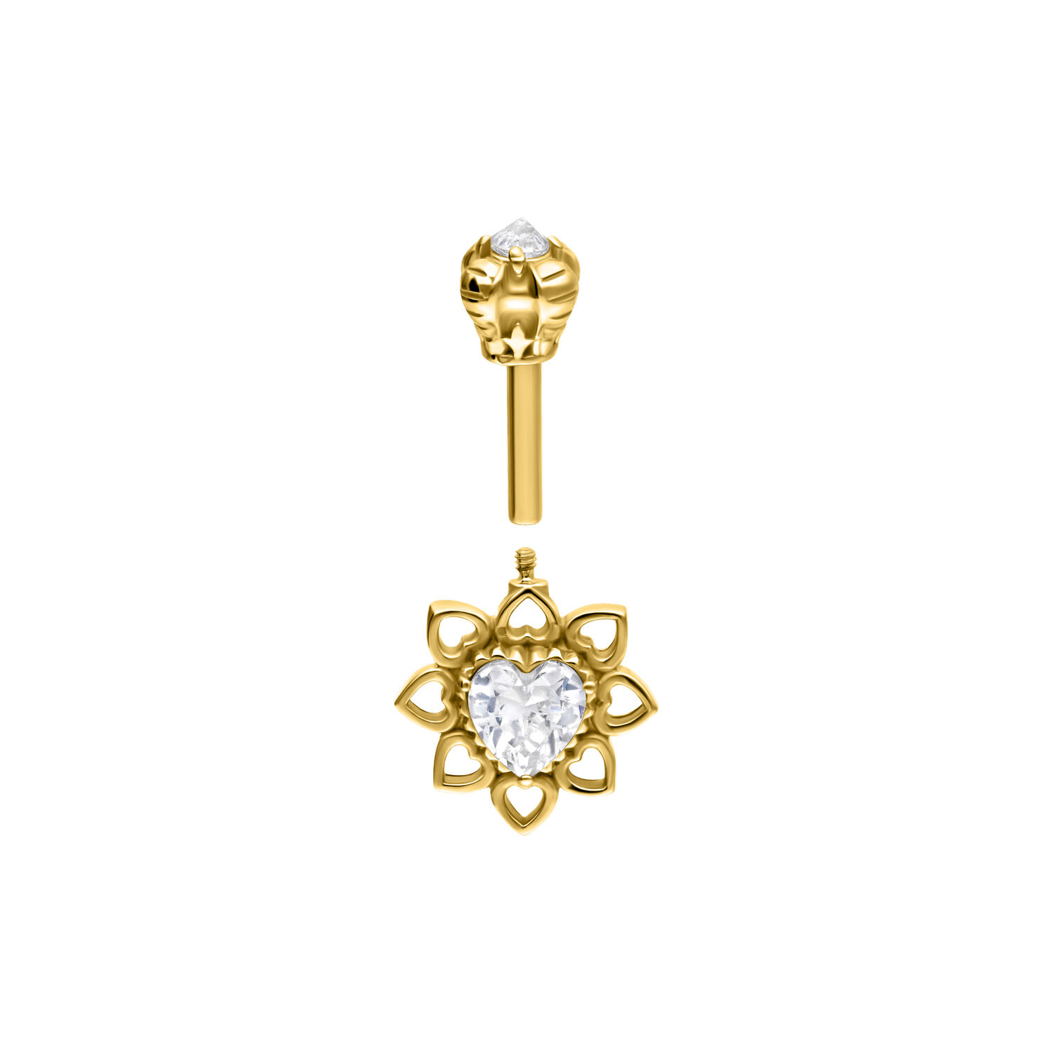 Barbell Helix dorado con cristal en forma de corazón, fondo de estudio