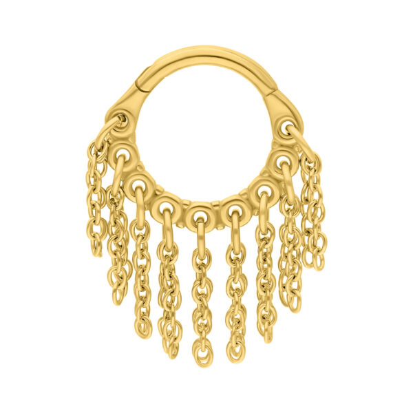 Clicker piercing dorado con cadenas colgantes sobre fondo blanco