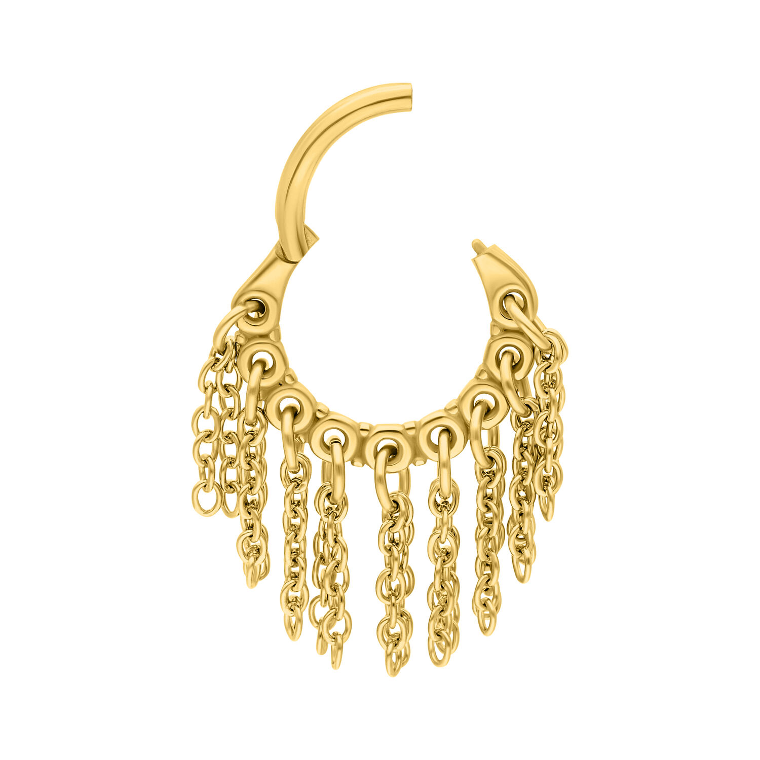 Piercing dorado con colgantes de cadenas sobre fondo blanco