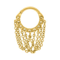 Anillo de piercing dorado con cadenas torcidas sobre fondo blanco
