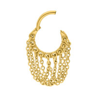 Aro de piercing dorado con cadenas sobre fondo blanco