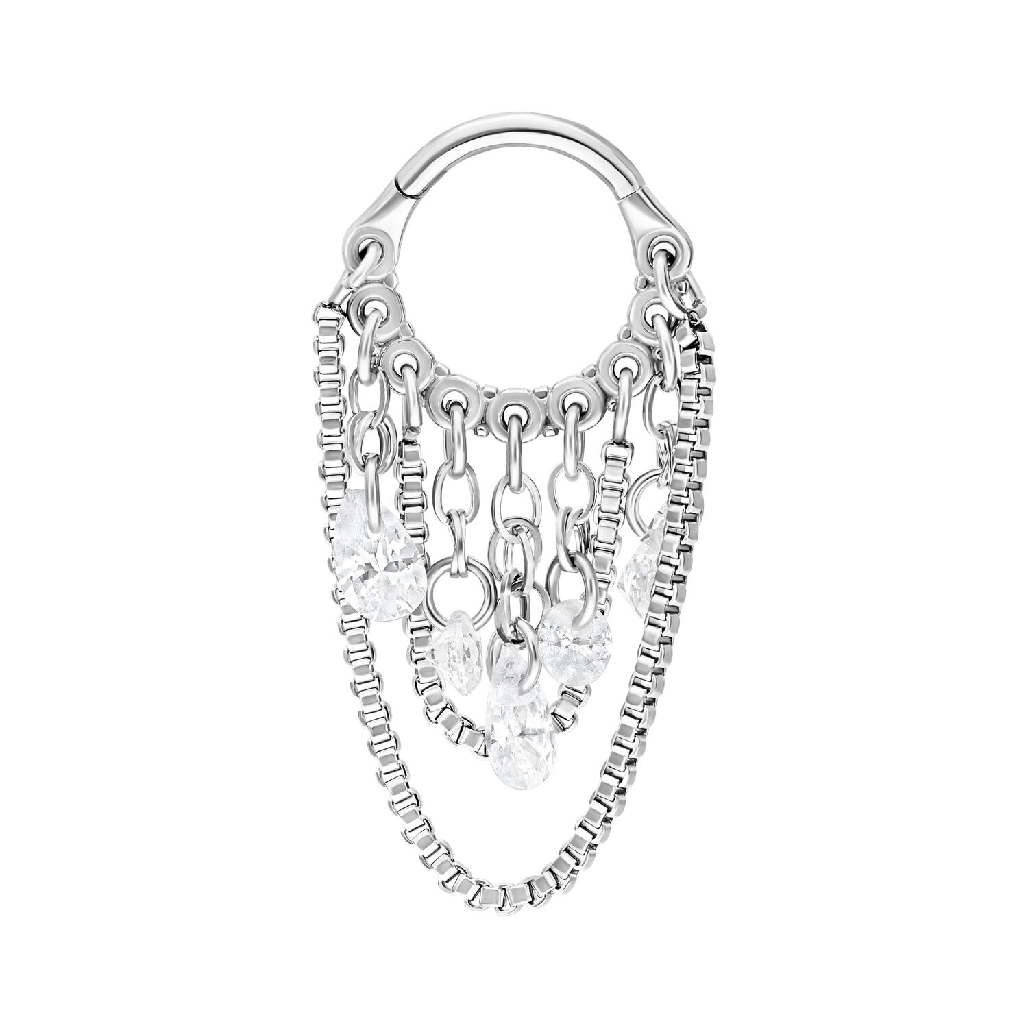 Clicker de piercing plateado con cristales transparentes y diseño de cadena sobre fondo blanco