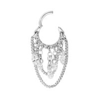 Aro de piercing plateado con gotas de cristal transparentes y diseño de cadena tipo serpiente sobre fondo blanco