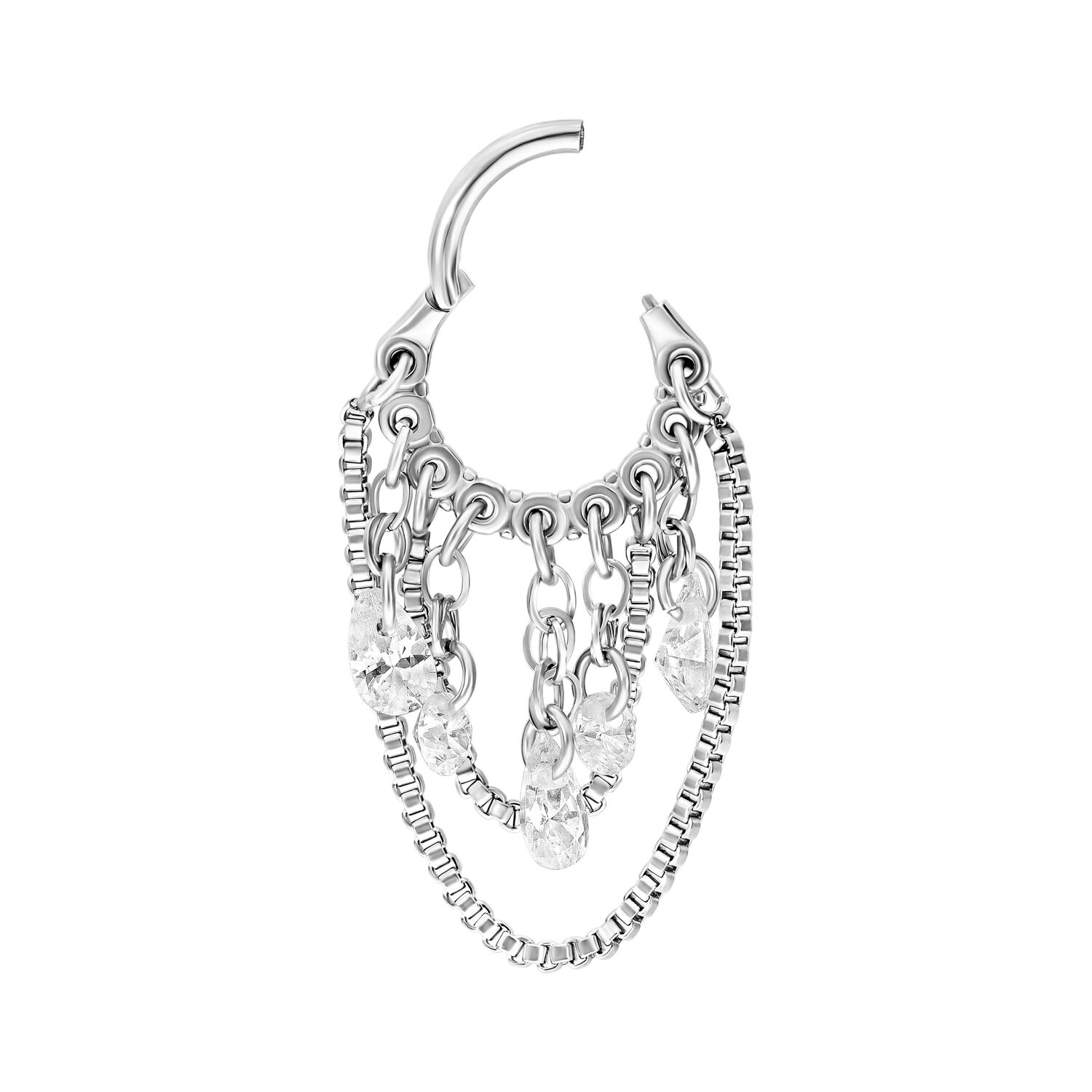 Aro de piercing plateado con gotas de cristal transparentes y diseño de cadena tipo serpiente sobre fondo blanco