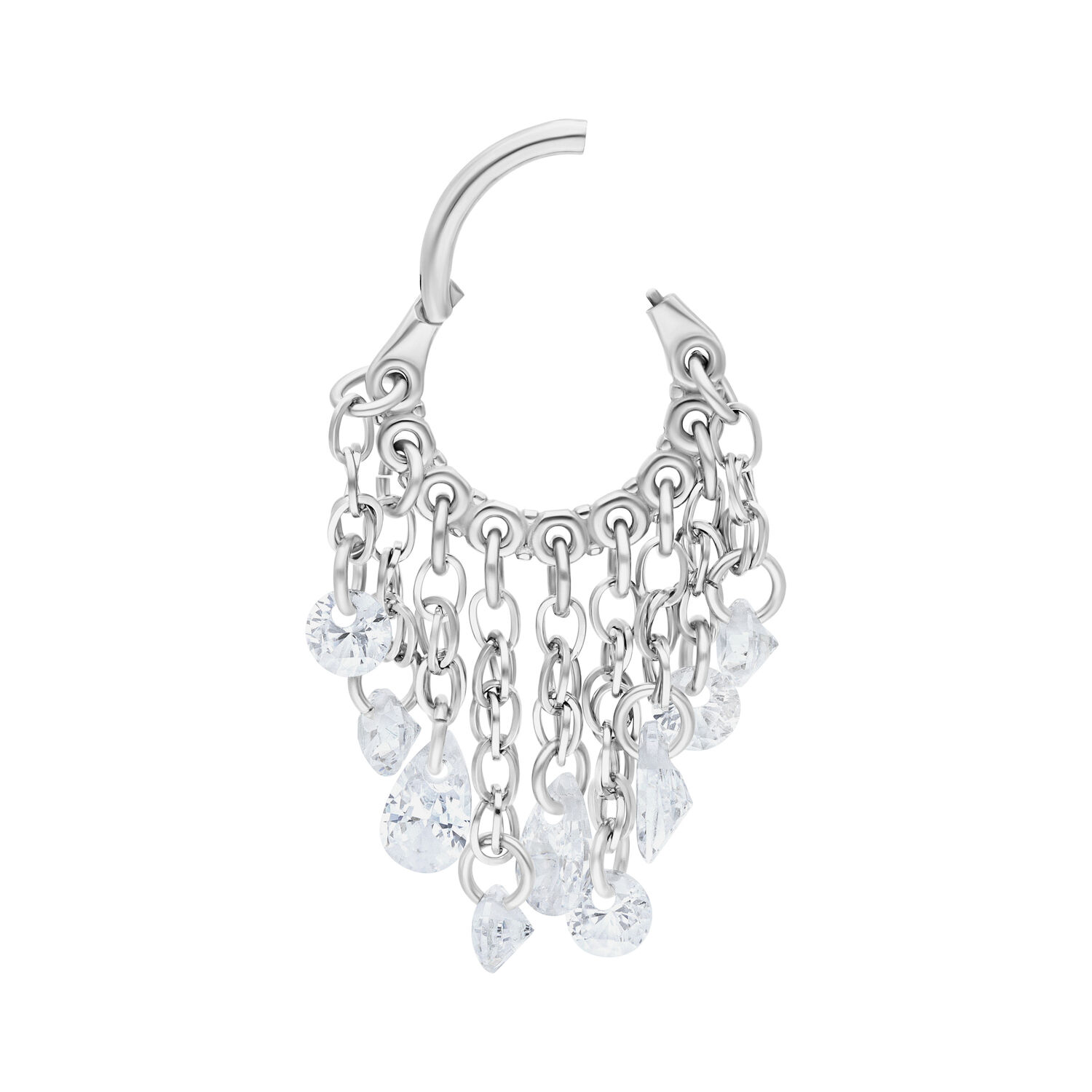 Anillo de piercing plateado con cristales claros colgantes sobre fondo blanco