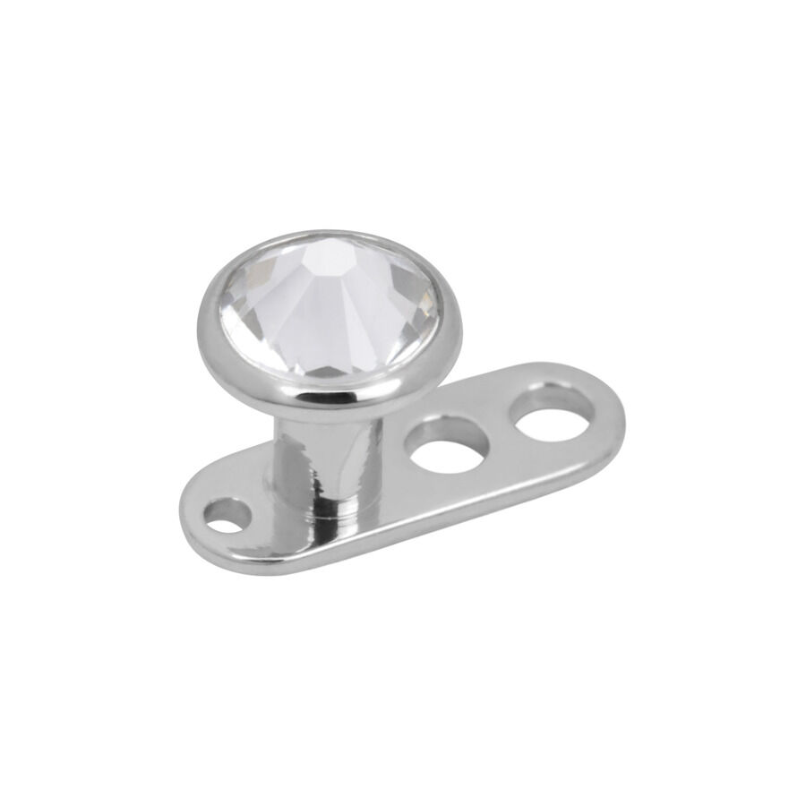 Dermal Anchor de titanio grado 23 plateado de alta calidad con cristal transparente. Tres agujeros para uso versátil. Perfecto para una decoración de piel con estilo