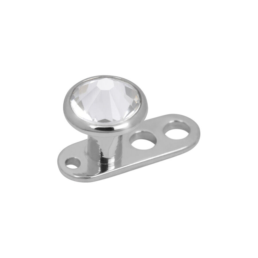 Dermal Anchor de titanio plateado con tres agujeros y cristal transparente