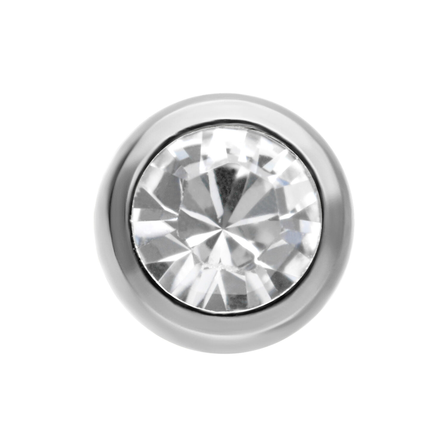 Accesorio de titanio plateado con piedra de cristal claro sobre fondo blanco