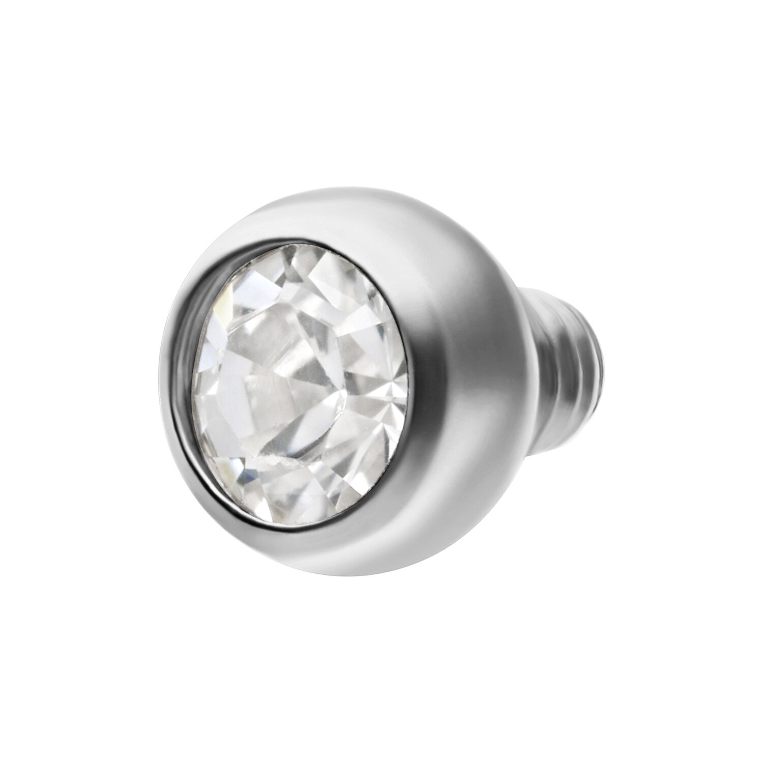Accesorio plateado para piercing con piedra cristalina sobre fondo blanco