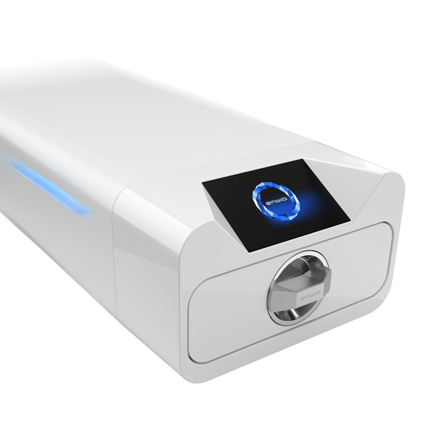 Autoclave Enbio S blanco con pantalla Autoclave Enbio S blanco sobre fondo blanco con pantalla azul
