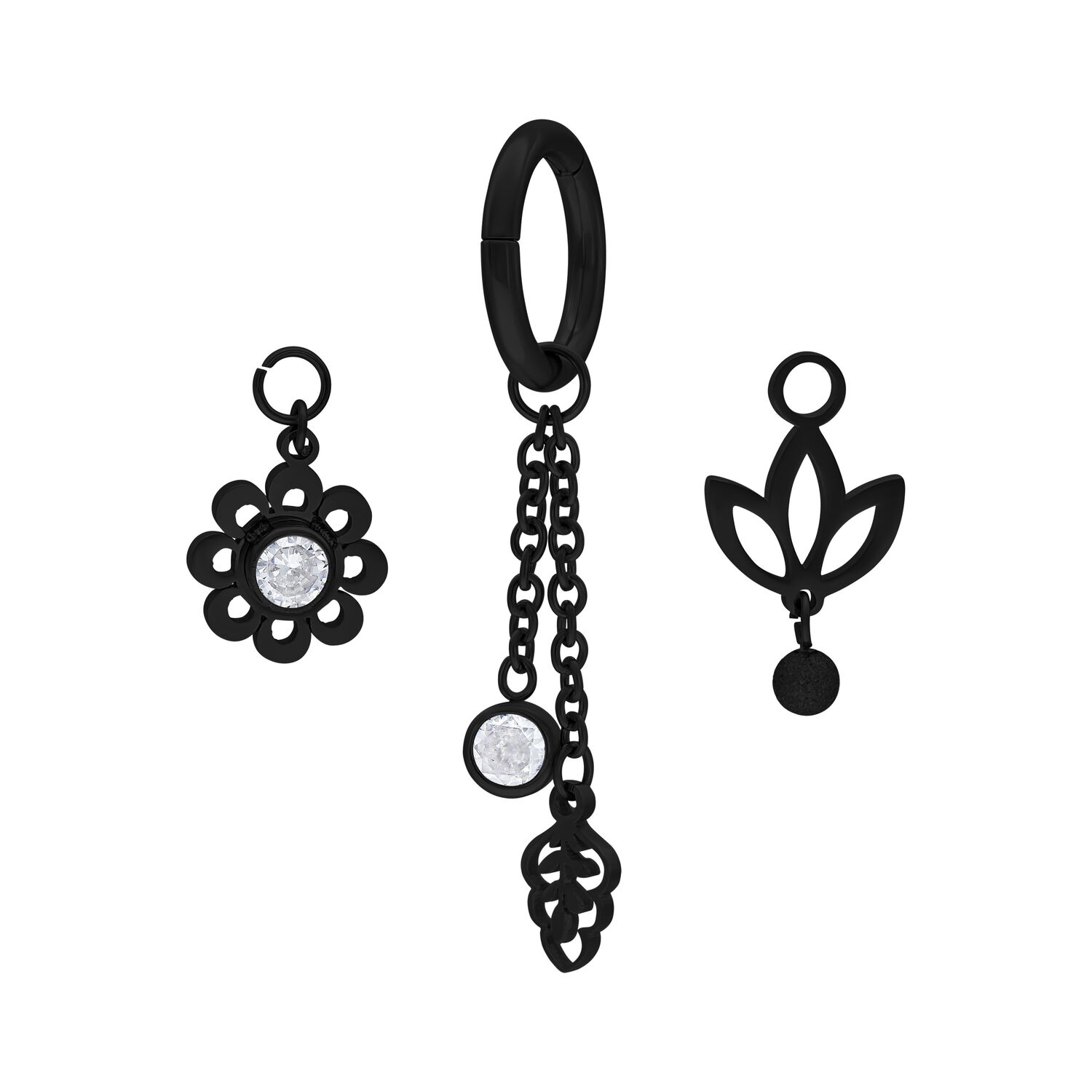 Anillo de ombligo negro con cristales Anillo de ombligo negro con dos colgantes y cristales claros sobre fondo blanco