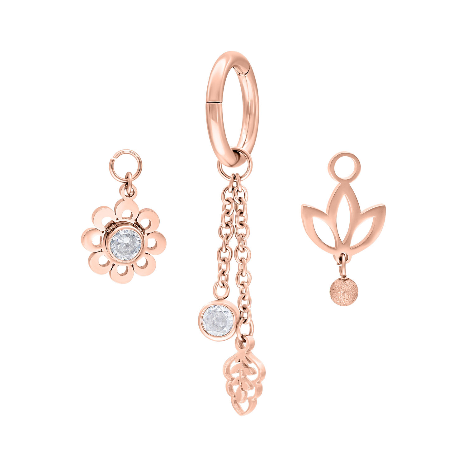 Set de anillos para el ombligo en oro rosa con colgante de flores Anillo para el ombligo en oro rosa con colgantes de cristal sobre fondo blanco