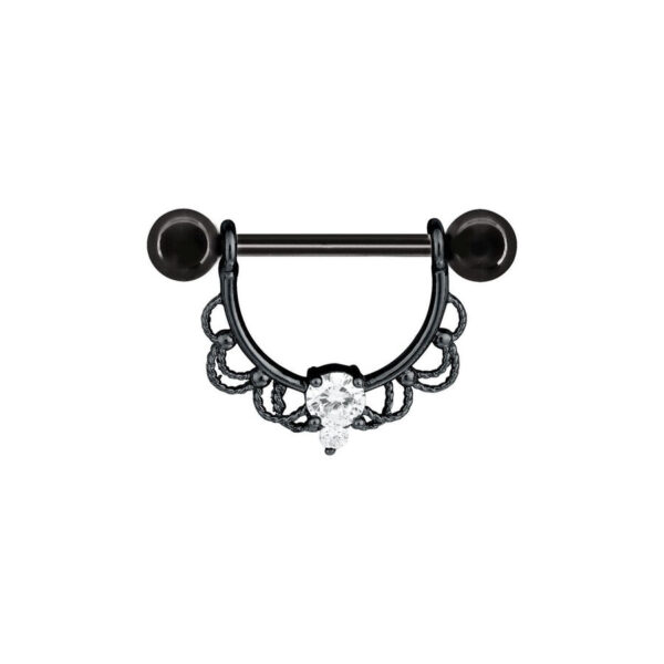 Barbell negro para pezón con decoración de cristal sobre fondo blanco