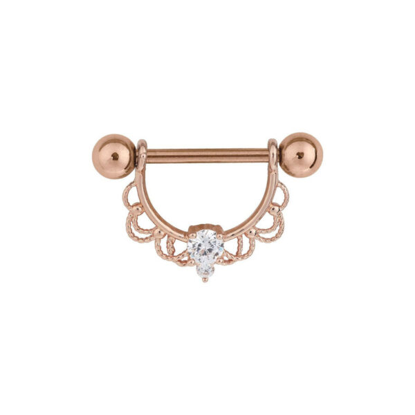 Nipple Barbell de oro rosado con adorno de cristal sobre fondo blanco