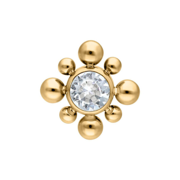 Accesorio de piercing de titanio dorado con cristal, tamaño 3,0 mm, sobre fondo blanco